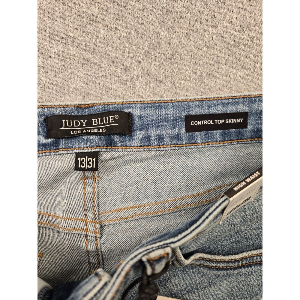 Judy Blue High Waist Control Top Skinny Jeans Medium Blue Distressed Size 13/31 - Picture 7 of 9